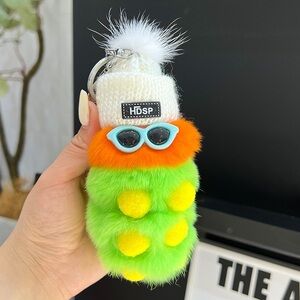 Real Rex Rabbit fur Pompom keychain-Cute Caterpillar Key chain- KC045 Green